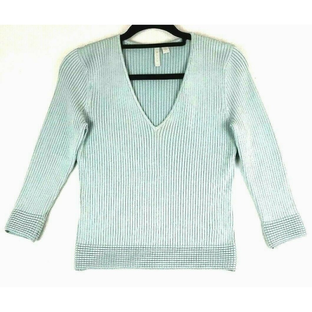 Whim Women Large Sweater Blue Silk Blend Ribbed V-Neck 3/4 Sleeve Pullover